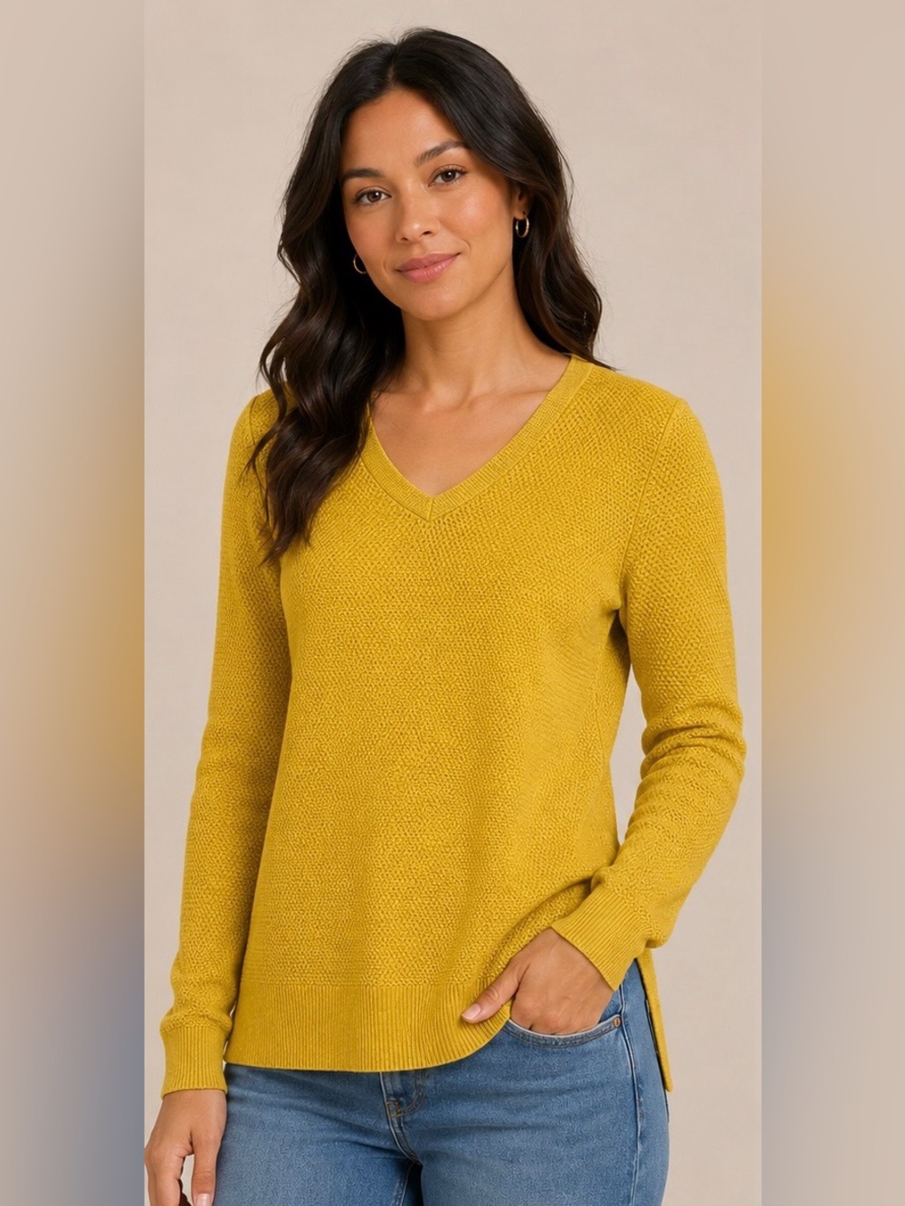 GAP Women's V-Neck Sweater in Mustard Yellow